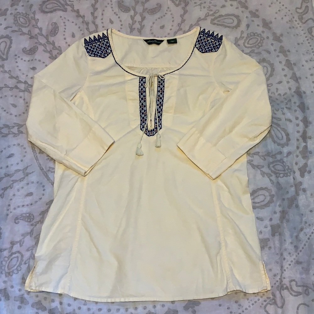 Eddie Bauer Peasant Top White Blue Blouse Sz M